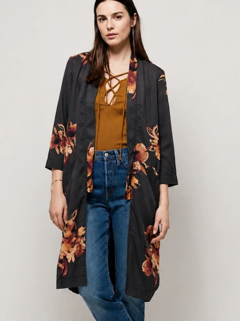 Free People Brown Rayon Kimono with Branded Tab